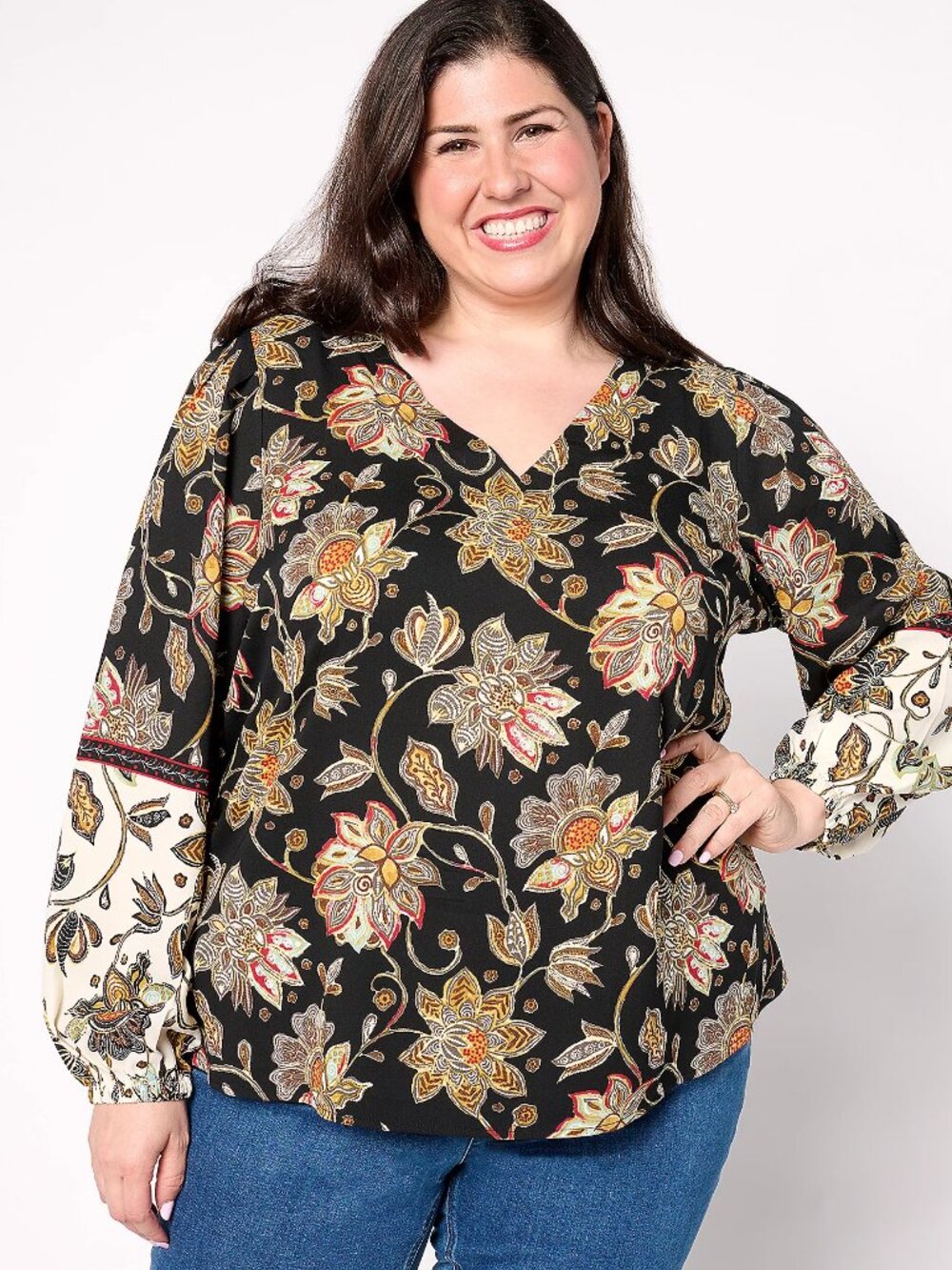 Belle by Kim Gravel Blouse Women’s 3X Black Floral Boho Tunic Top